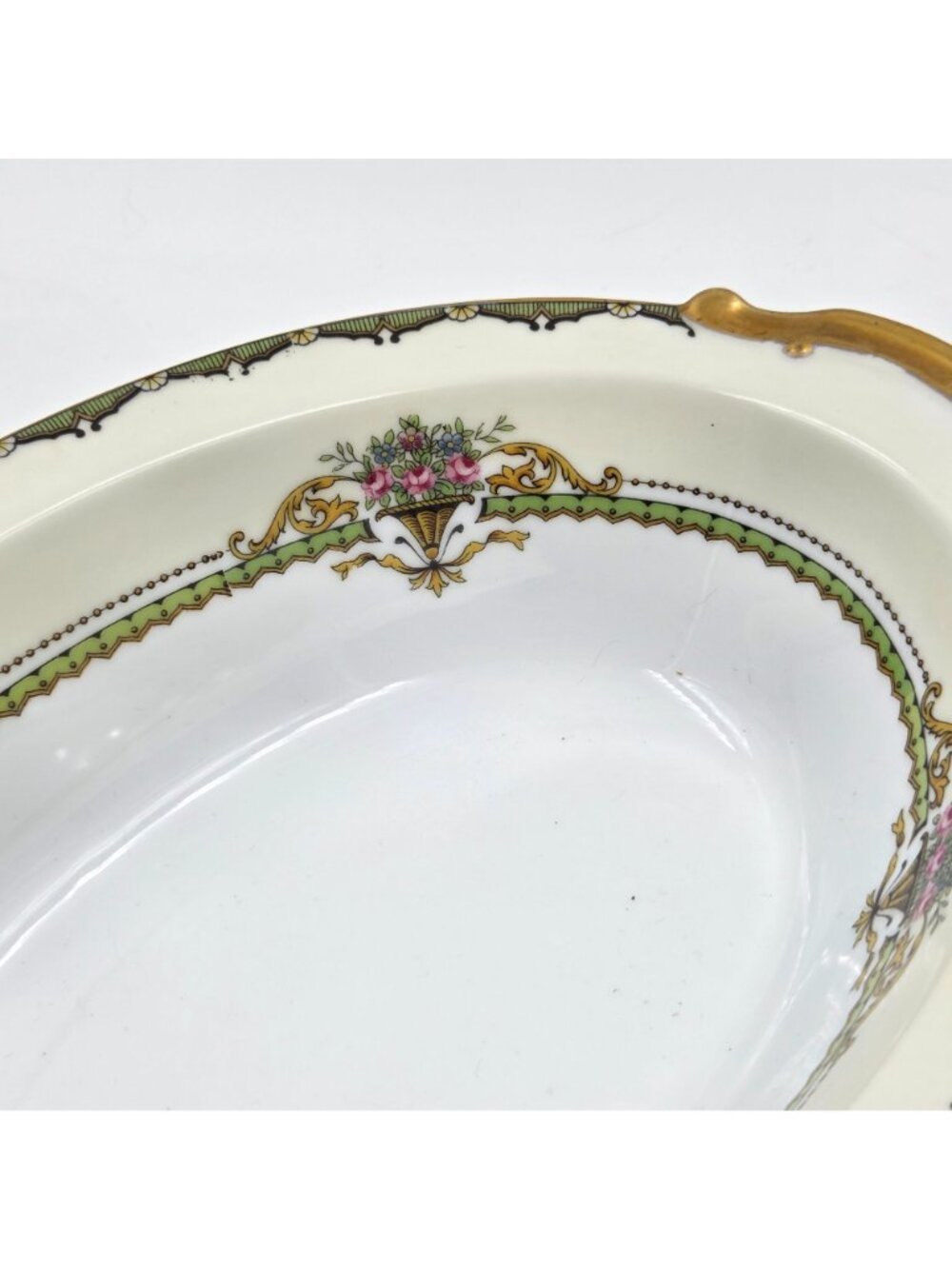 Noritake Penelope Oval Vegetable Bowl Green Border Pink Roses Urn Gold Trim - Picture 4 of 6